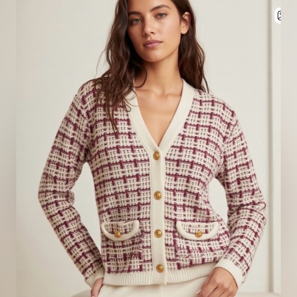 Marled Sweaters - Marled Tweed Style Knit Women's Cream and Red Cardigan